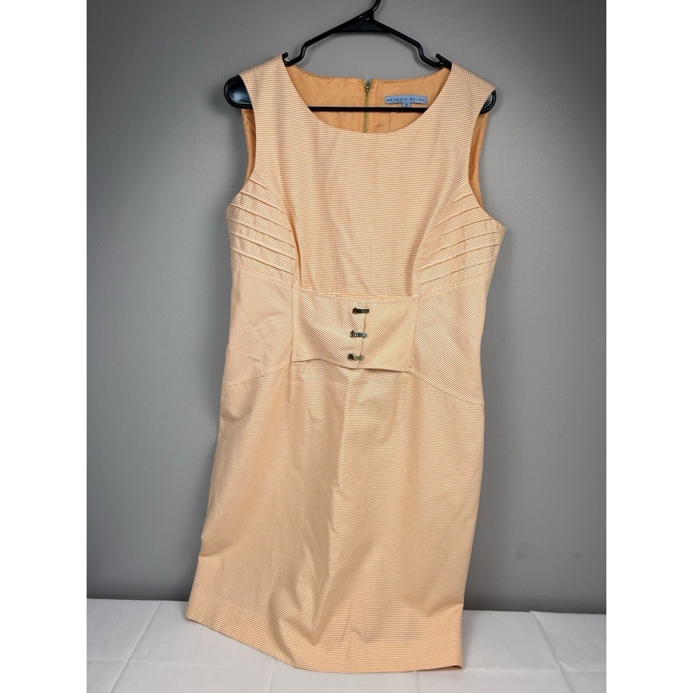 Antonio Melani Belted White Peach Microstripe Belted Sheath Dress 12 Cotton Work